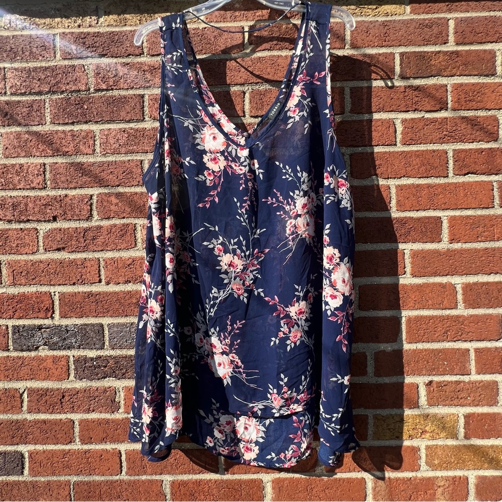 Torrid 2 Floral Print Top Sheer Chiffon High Low V-Neck Swing Tank Size 2X